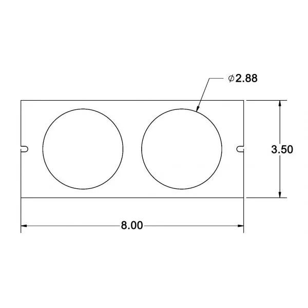 Dimensioned drawing showing two 2.88 inch diameter wells on an 8.00 by 3.50 inch plate