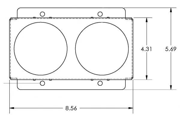 Top-down dimensioned drawing of the two cup wells, 8.56 inches wide by 5.69 inches overall