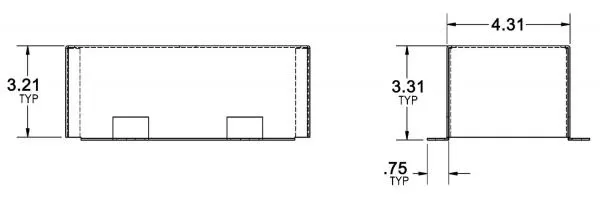 Dimensioned side and end drawings of the dual cupholder marked 3.21, 3.31, 4.31 and .75 inches