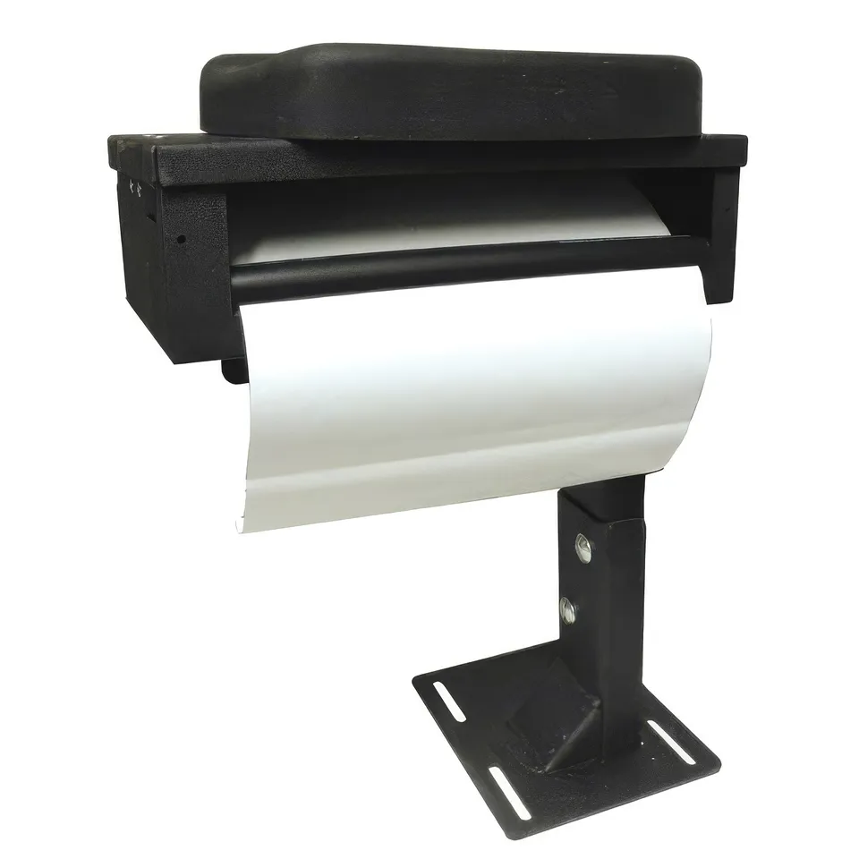 D&R CA-0211 printer armrest on a floor pedestal mount with paper feeding from the spool slot