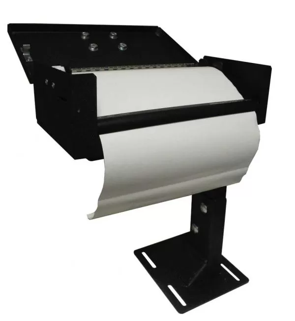 Rear three-quarter of the printer armrest showing top mounting studs and paper roll under the tear bar