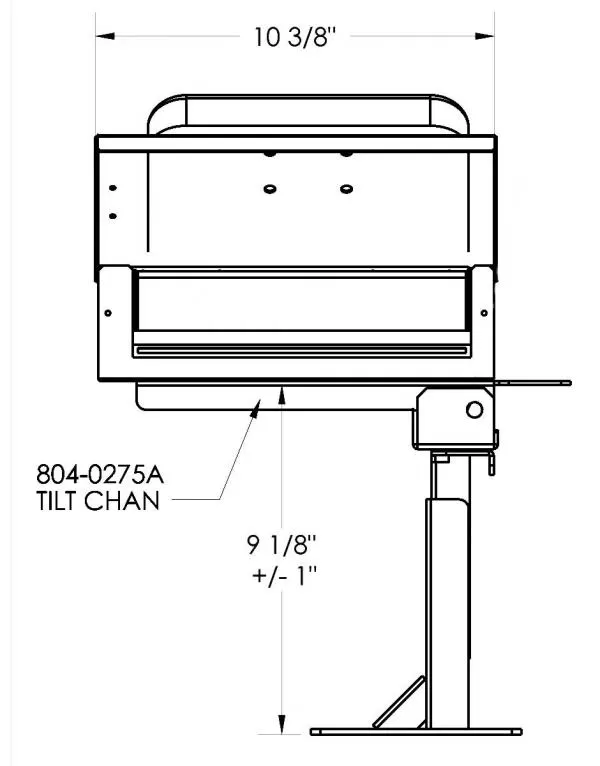 Dimensioned drawing of the printer armrest, 10 3/8 in wide and 9 1/8 in high, with 804-0275A tilt channel