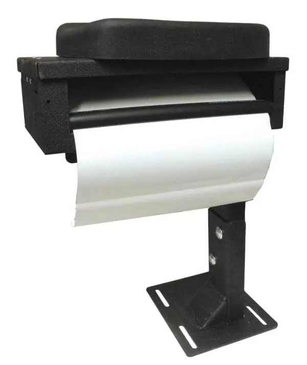 D&R CA-0211 printer armrest on a floor pedestal mount with paper feeding from the spool slot
