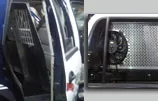 Paired shots of window bars on an open rear door and a K9 kennel cooling fan mounted behind mesh