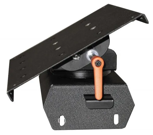 D&R LT7600 laptop mount swivel base with the mounting plate tilted up and orange locking swing-arm lever