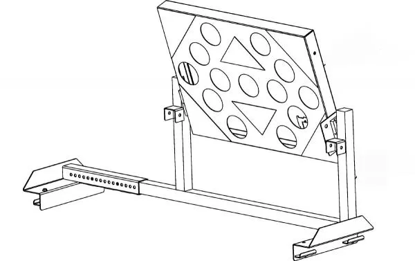 Line drawing of the board tilted on its truck-bed mounting frame with a slotted adjuster arm