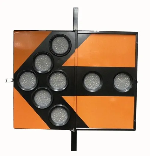 D&R 46069 enclosed aluminum arrowboard with eight amber PAR36 LED modules forming a left-pointing arrow