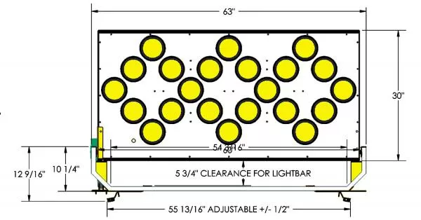Front dimensioned drawing of the 63 by 30 inch board with 5 3/4 inch clearance for the lightbar underneath