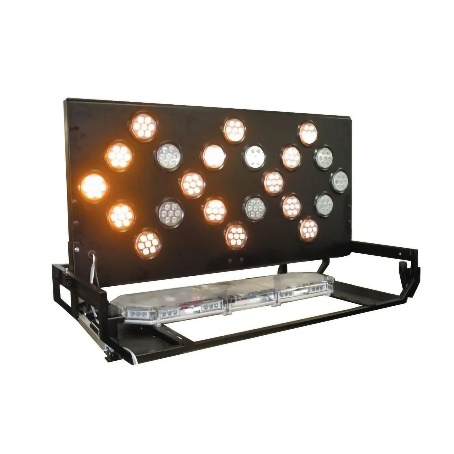 D&R ERL306022K enclosed aluminum arrowboard kit on its rack, amber and clear round LED modules with lightbar below