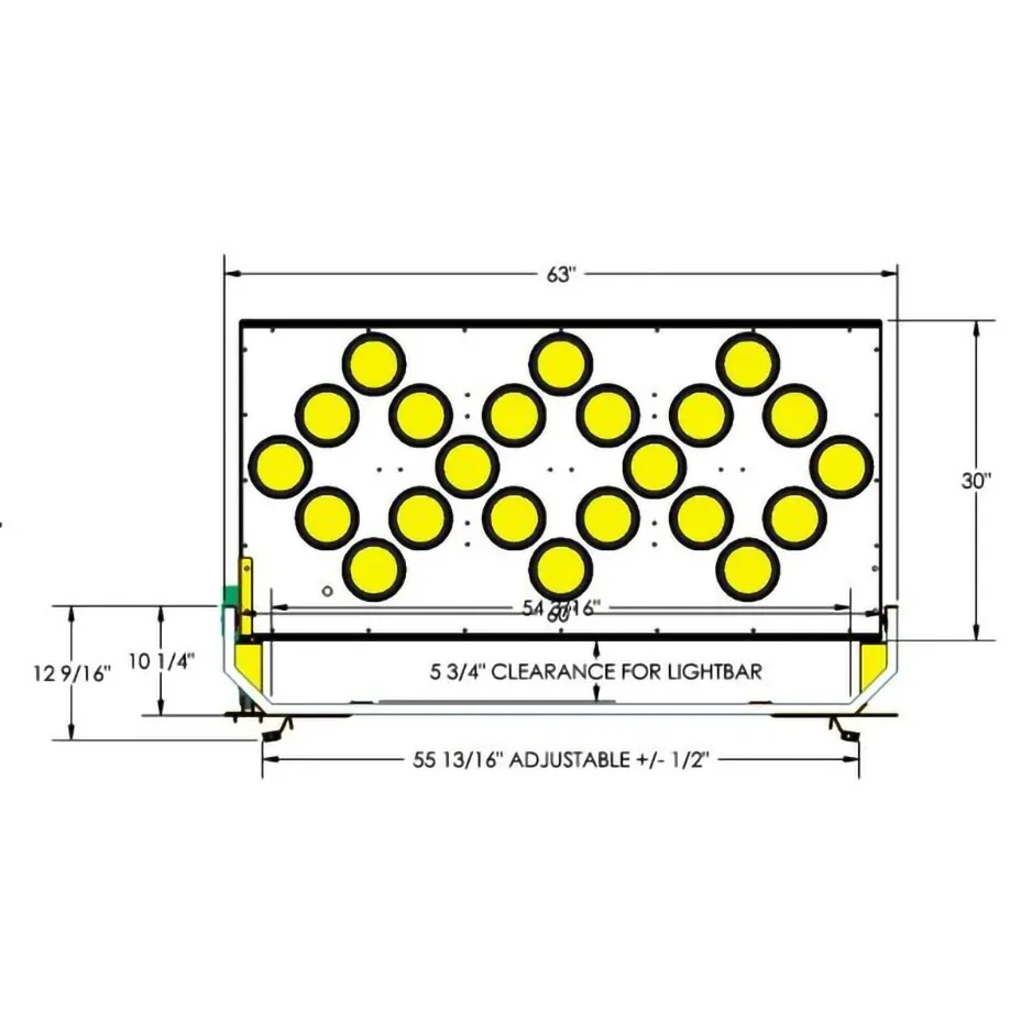 Front dimensioned drawing of the 63 by 30 inch board with 5 3/4 inch clearance for the lightbar underneath