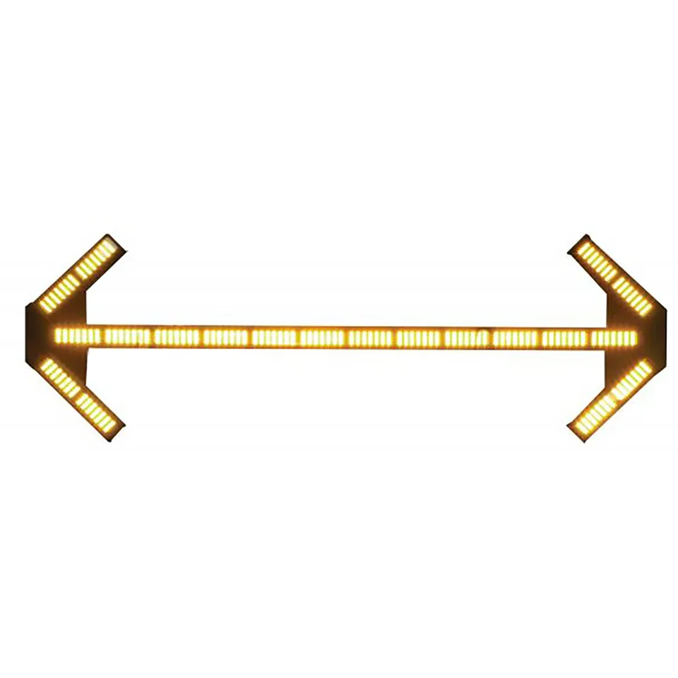 All amber LEDs illuminated across the centre bar and both angled end arrows, straight-on front view