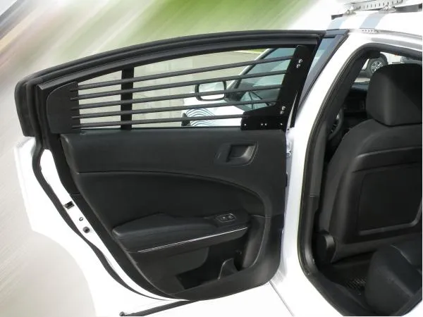 Rear door open on a Charger, showing the horizontal bar set fitted inside the door glass