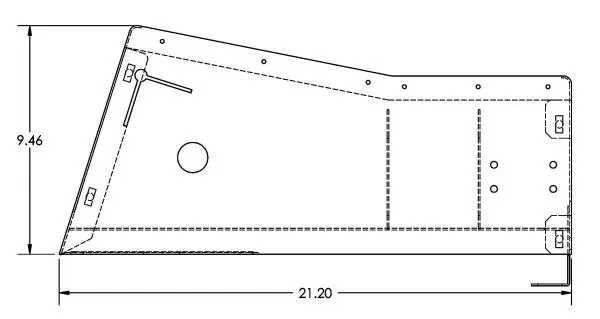 Side-profile drawing of the console showing the front-to-rear slope, 21.20 long by 9.46 high