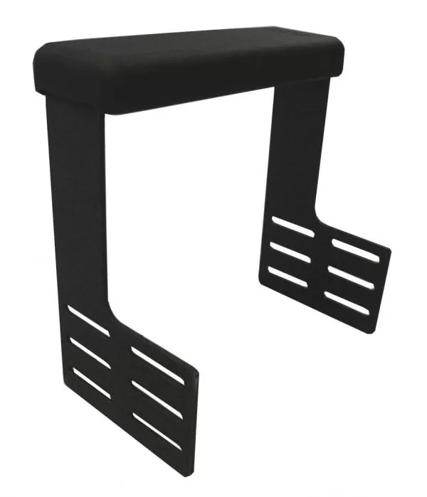 D&R 904-0123A console mount armrest with a black padded top and slotted steel mounting legs