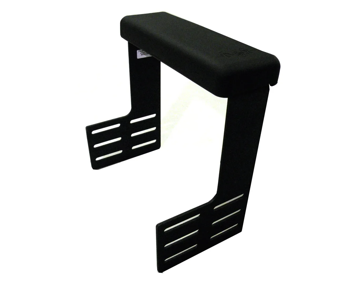 Armrest from the opposite side, showing the D&R logo on the pad and the slotted height adjustment legs