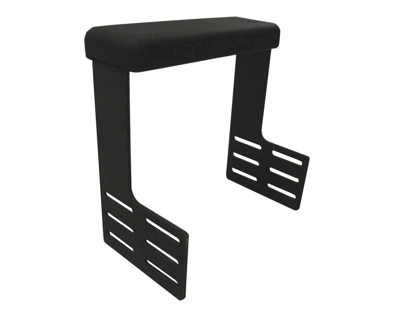 D&R 904-0123A console mount armrest with a black padded top and slotted steel mounting legs