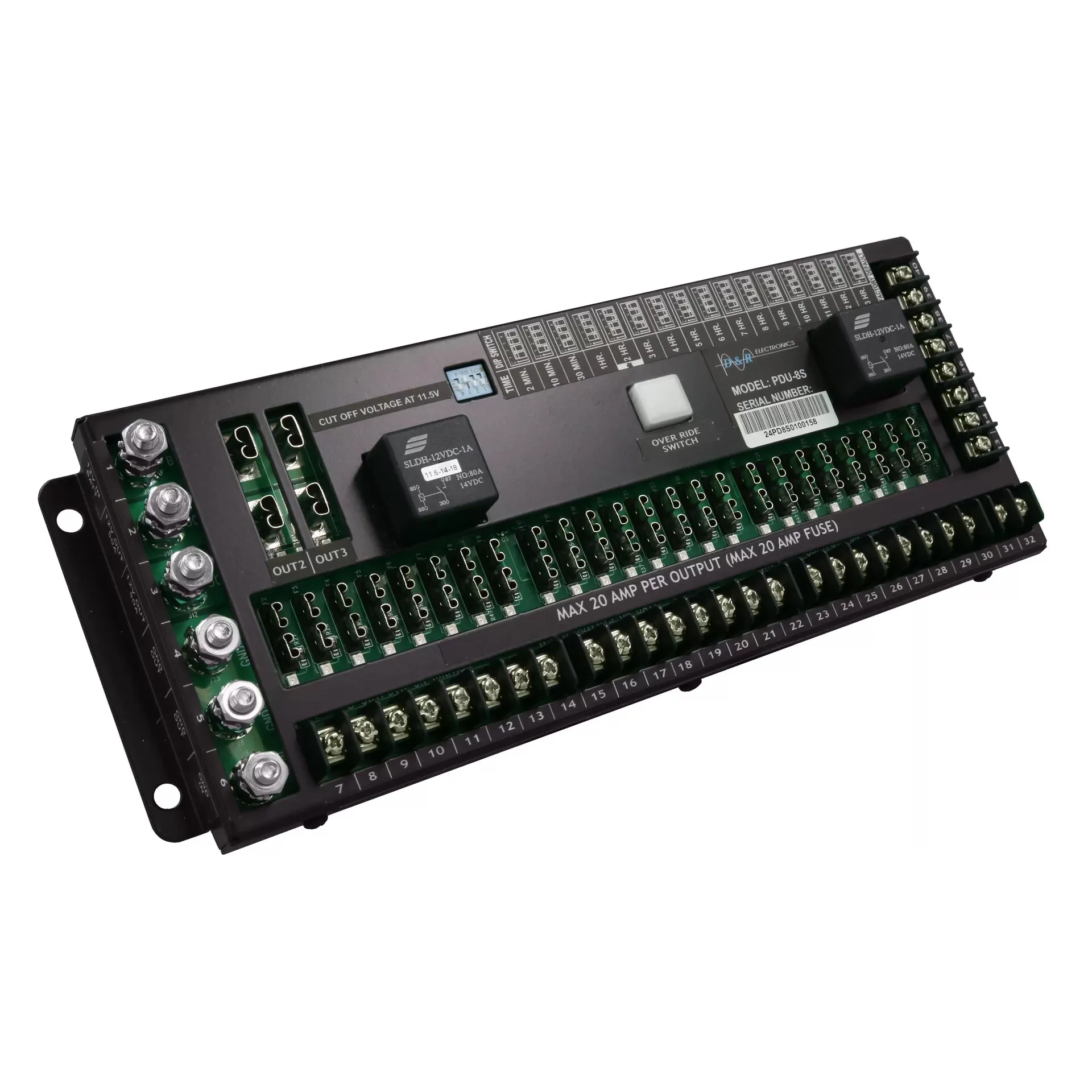 D&R PDU-8S power distribution unit with numbered output terminal blocks, relays and over-ride switch