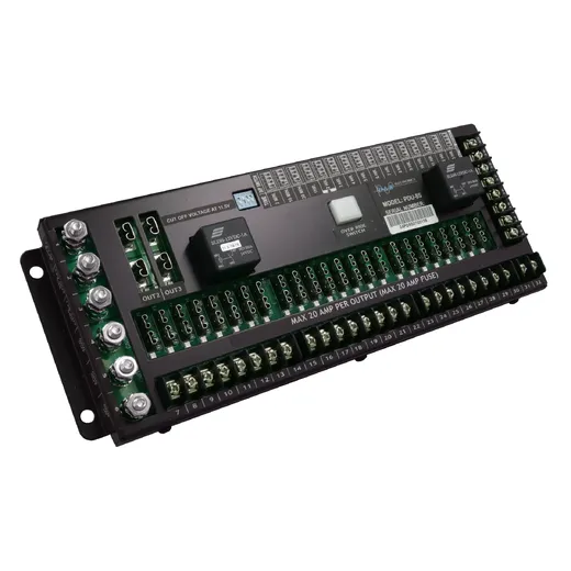 D&R PDU-8S power distribution unit with numbered output terminal blocks, relays and over-ride switch