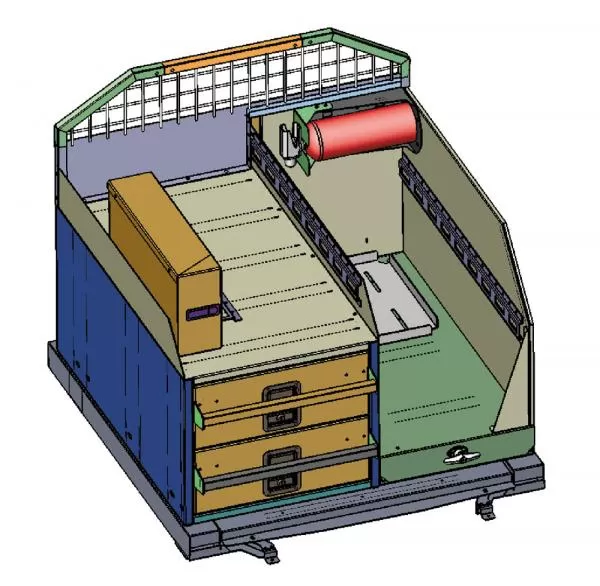 CAD view of the full assembly with cargo partition, stacked drawers, slide-out tray and extinguisher