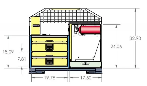Dimensioned front elevation, drawer stack 19.75 wide beside a 17.50 wide equipment compartment