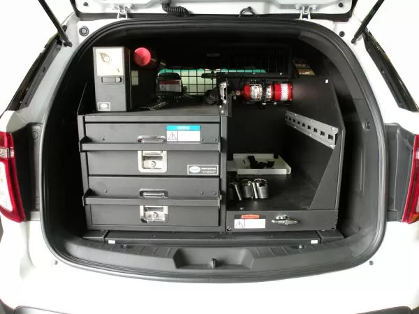 D&R 934-0500A dual drawer storage system installed in a white Ford Interceptor Utility cargo area