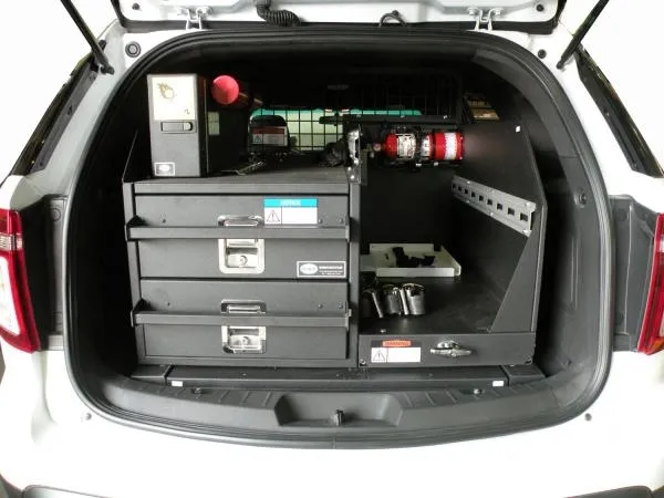 D&R 934-0500A dual drawer storage system installed in a white Ford Interceptor Utility cargo area