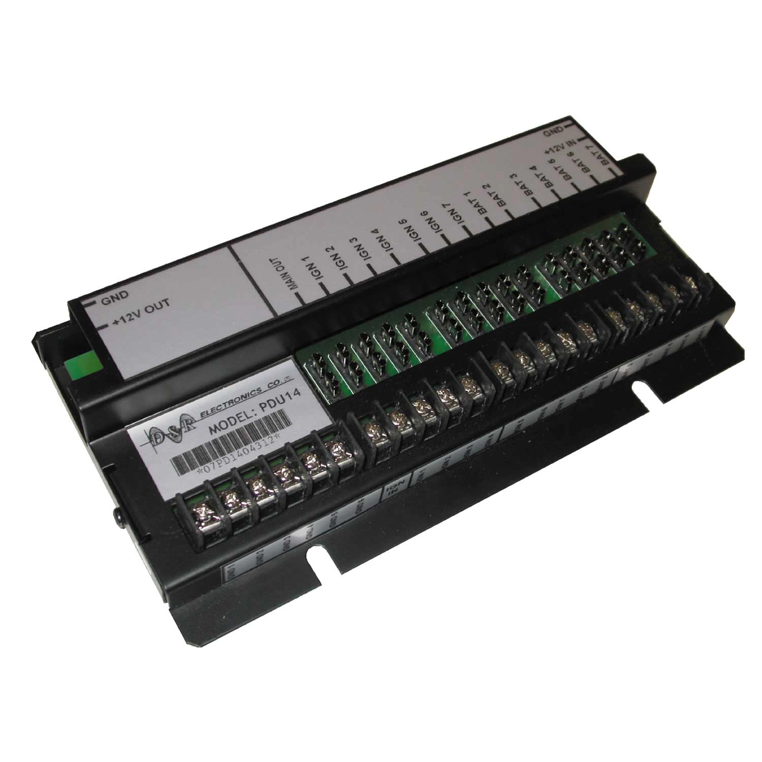 D&R PDU14-K power distribution unit with labelled IGN, BATT and +12V OUT terminal blocks in a black case