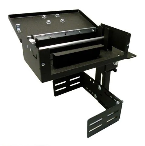 Printer armrest housing with the lid raised, showing the empty printer bay and paper spool rod inside