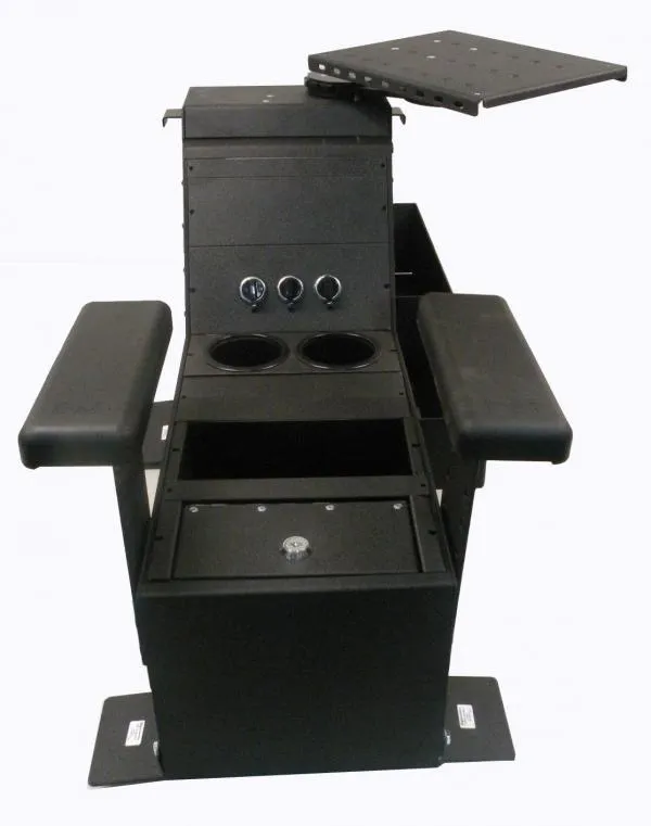 Console seen head-on showing three outlets, twin cup holders, a locking lid and floor mounting feet
