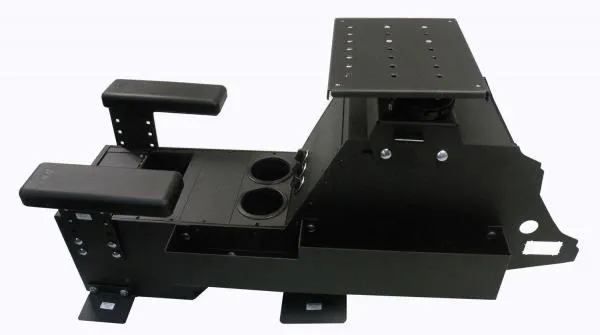 Console in side profile with staggered armrests, cup holders and the laptop plate over the rear deck