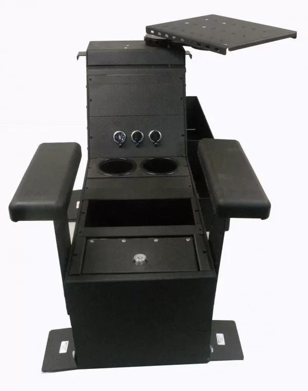 Console seen head-on showing three outlets, twin cup holders, a locking lid and floor mounting feet