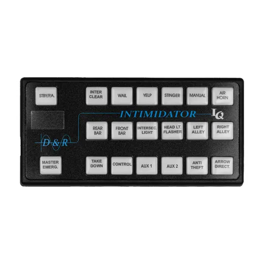 D&R F5M-IQTP control system faceplate with 20 backlit push buttons, OLED display window and Intimidator IQ label