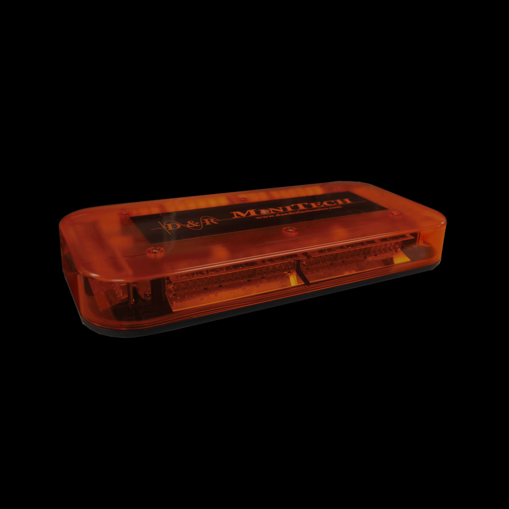 Three-quarter view of the unlit amber minibar with the MiniTech name and website across the centre panel