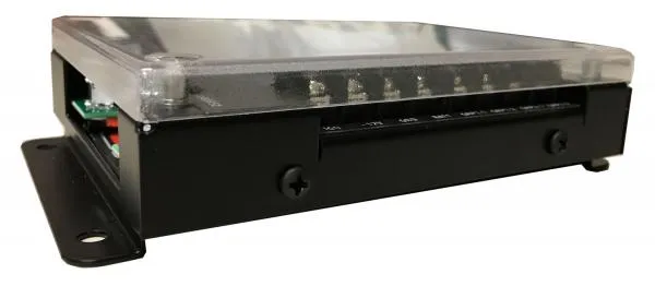 Three-quarter view of the compact all-metal housing with its side mounting bracket attached