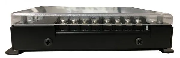 Front edge of the metal housing showing the full row of labelled output terminal screws below the cover