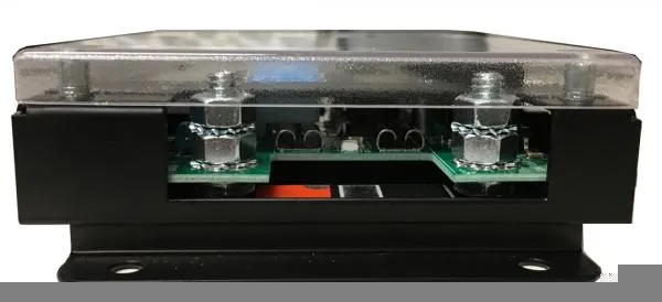 End view showing the heavy battery input studs, internal circuit board and black mounting flange