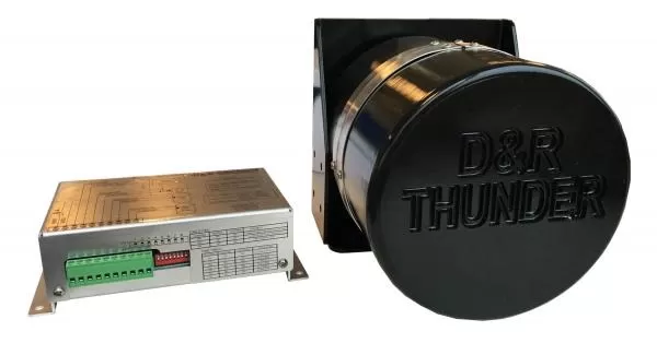 D&R Thunder-1 low frequency siren amplifier beside the round Thunder speaker with embossed cover