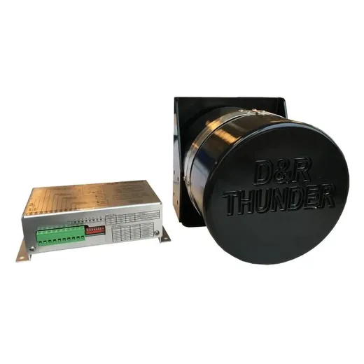 D&R Thunder-1 low frequency siren amplifier beside the round Thunder speaker with embossed cover