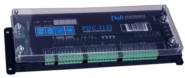 D&R PDU-31SS power distribution unit under its clear Plexiglas cover with LED display and terminal rows