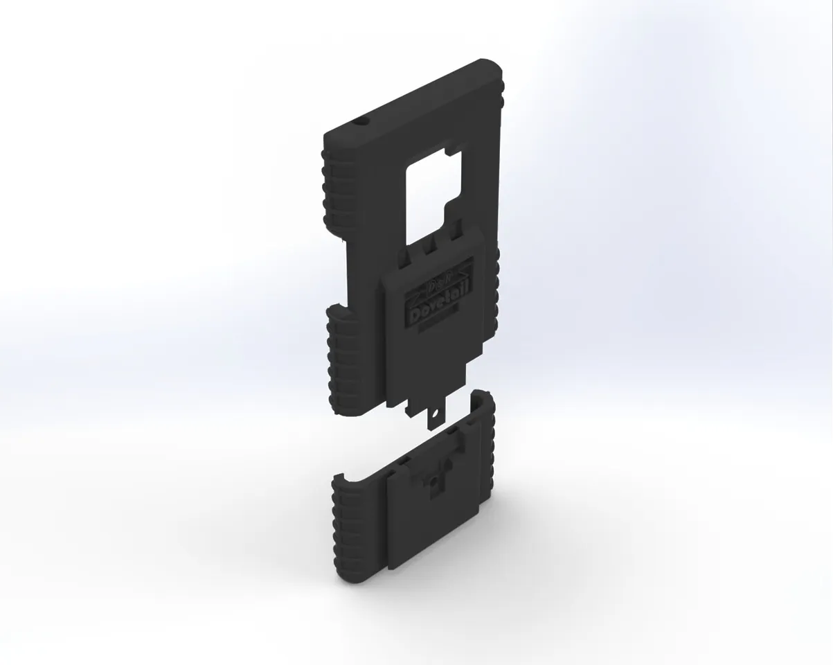 Two-piece S9 case shown separated, upper shell floating above the slide-on bottom section, rear angle