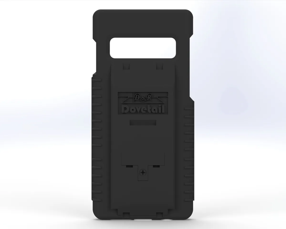 D&R Dovetail phone case for the Galaxy S10, rear view with the dock plate and wide camera bar cutout