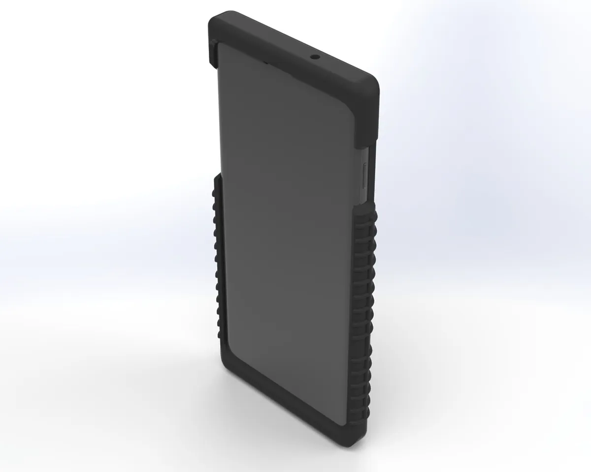 Front of the assembled case with the phone fitted, screen edges protected by the ribbed bumper