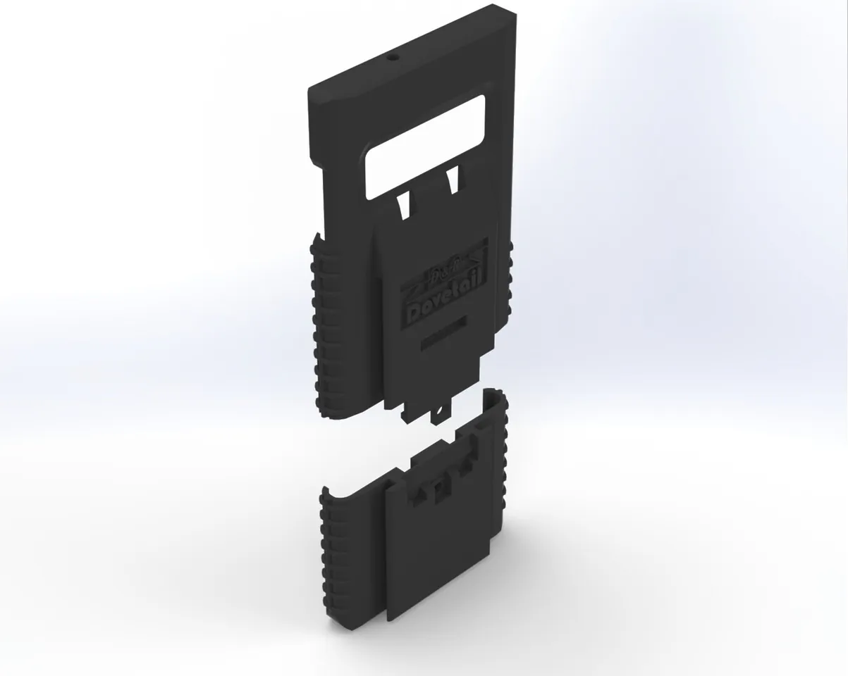 Exploded render showing the case shell separating from its sliding lower end cap