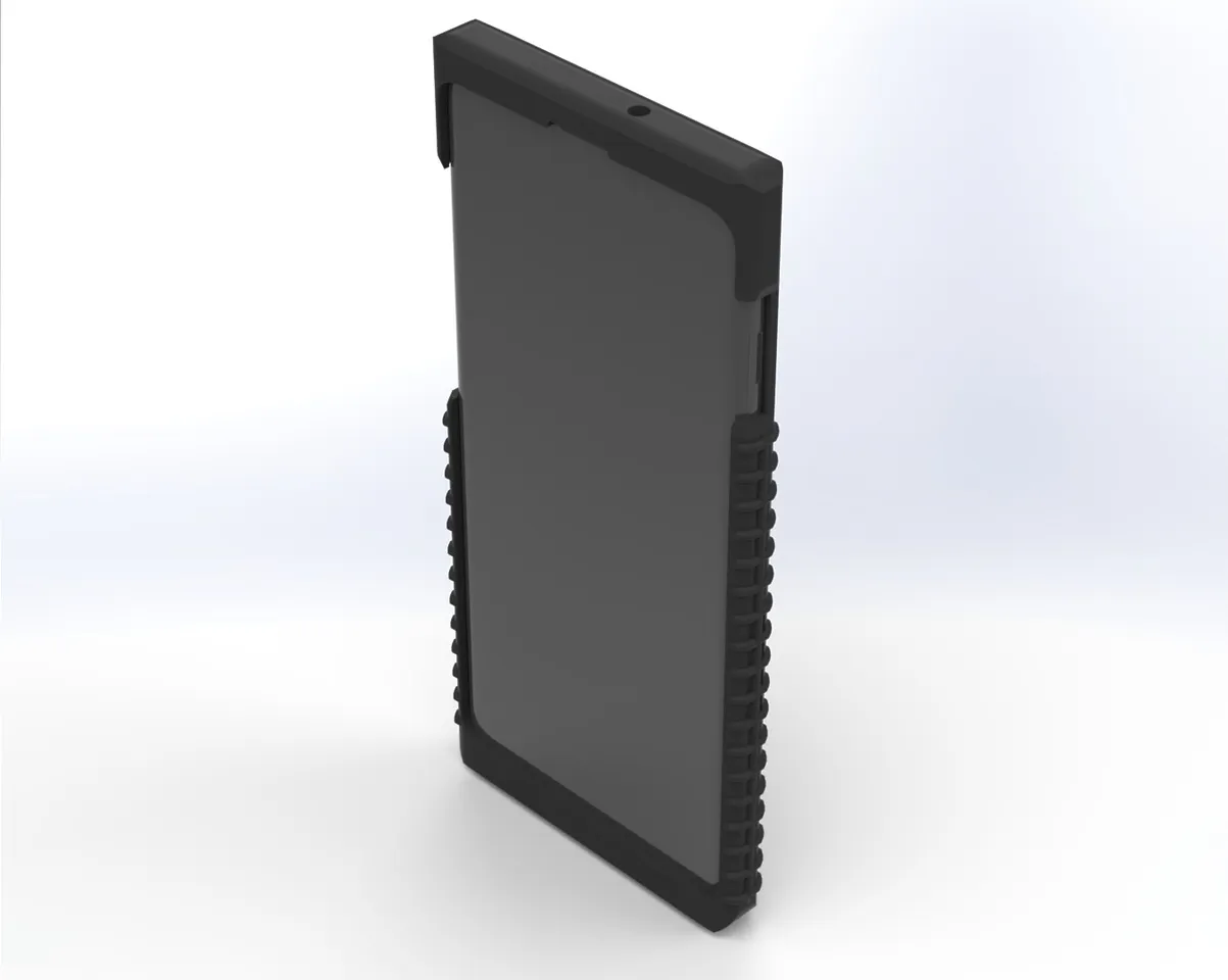 Handset seated in the case, front three-quarter view with the screen and side grip ridges visible