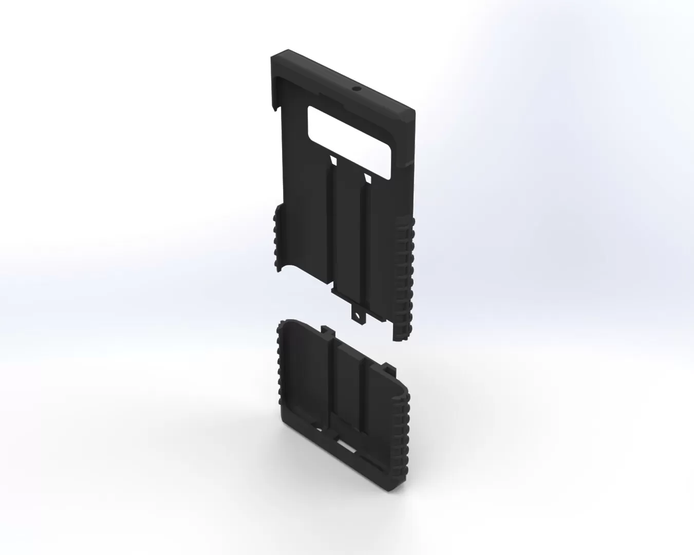 Exploded interior render of the two halves, showing the ribs that hold the handset in place