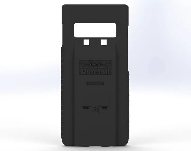 D&R Dovetail phone case for the Galaxy S10+, rear view with embossed logo and docking contact slot