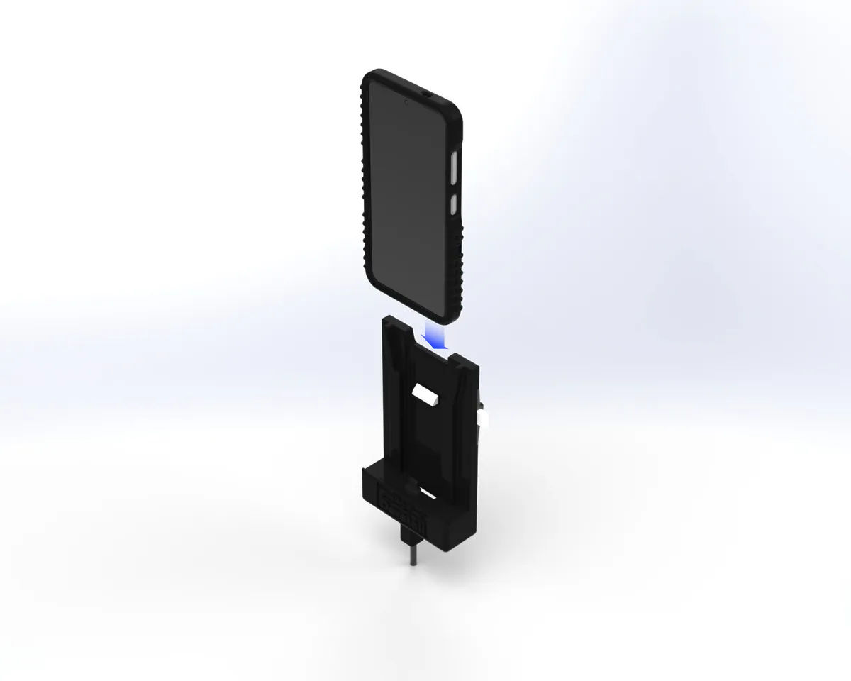 Render of a rugged-cased phone lowering screen-up into the cradle, blue arrow showing how it seats