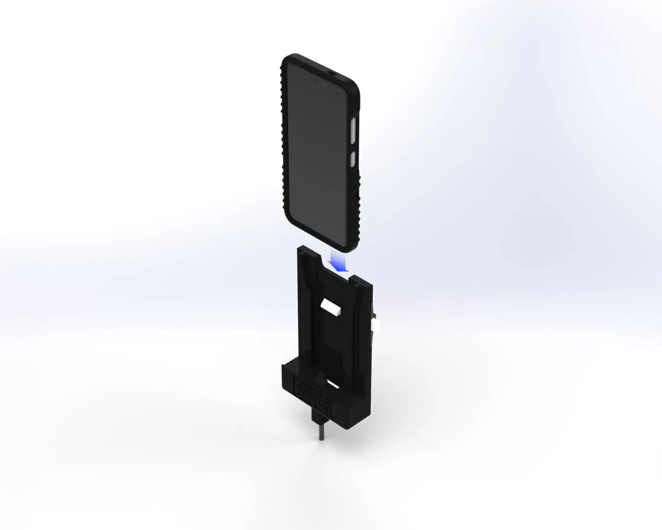 Render of a rugged-cased phone lowering screen-up into the cradle, blue arrow showing how it seats
