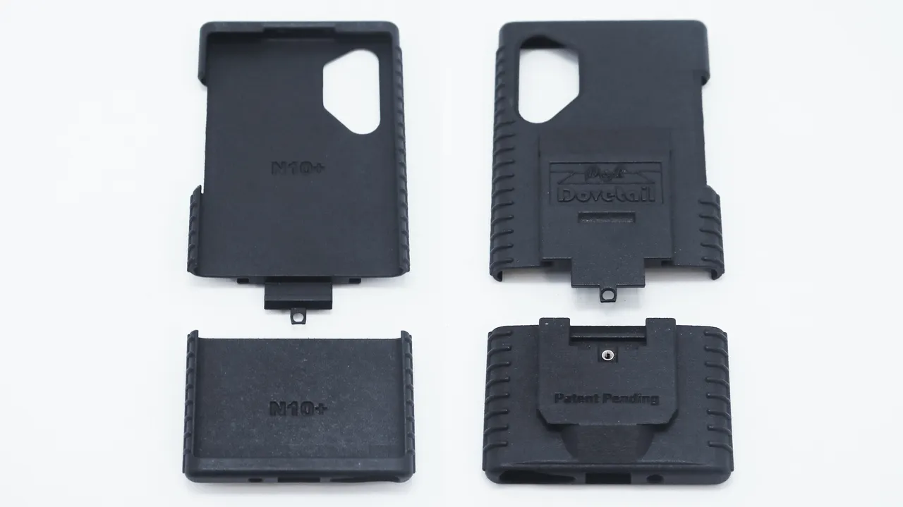 Both Note10+ shells with their lower N10+ caps detached, back of the outer piece marked Patent Pending