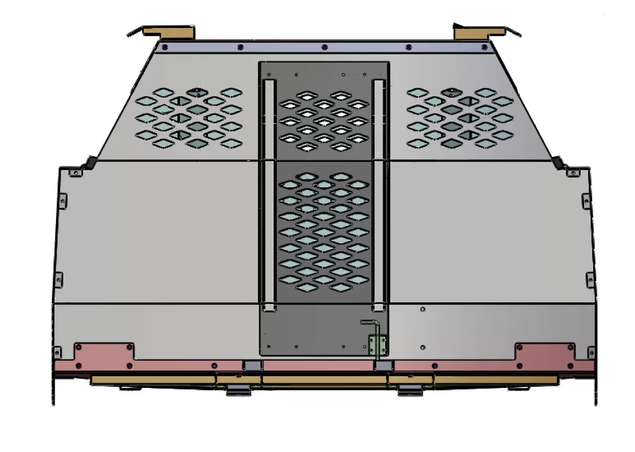 Rear elevation drawing showing the centre dog door flanked by diamond-cut vent panels